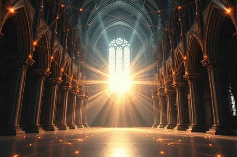 Red de líneas brillantes y nodos interconectados, con una esfera luminosa central y sutiles elementos arquitectónicos religiosos translúcidos.