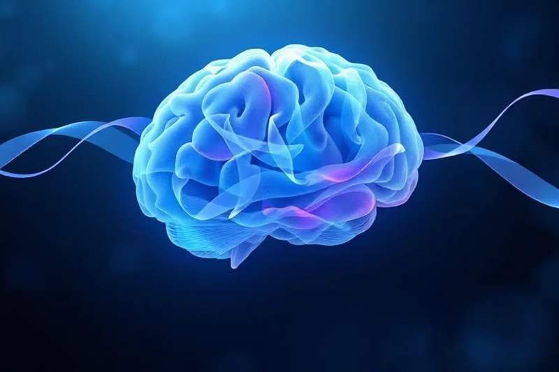 Abstract watercolor of sound waves influencing a human brain outline