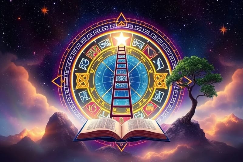 Stylized tarot spread with cards depicting career-related symbols like a compass, ladder, and growing tree.