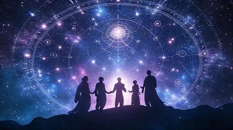 Representación abstracta de hilos luminosos que conectan generaciones, simbolizando la herencia kármica