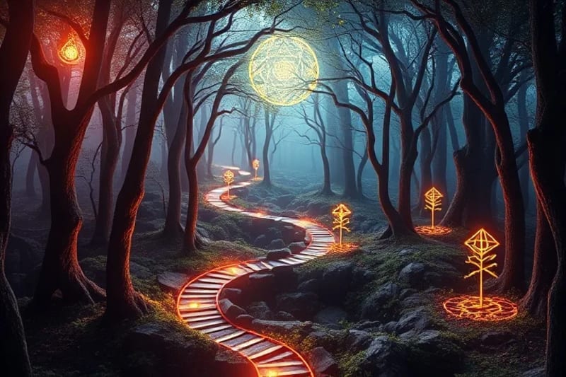 Abstract rendering of a winding, illuminated path through a forest of knowledge, with a glowing tarot card at a crossroads.