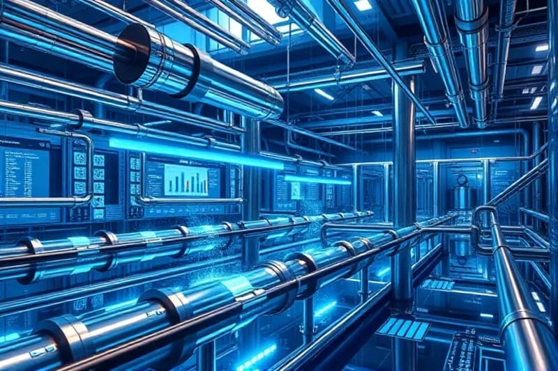 Futuristic water purification facility in an urban setting, with transparent pipes and holographic economic projections.
