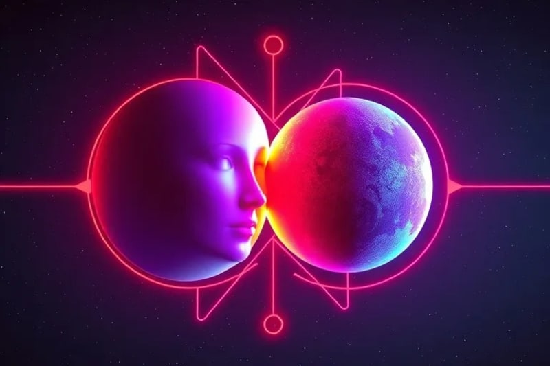Representación 3D de Venus y Marte con líneas de energía