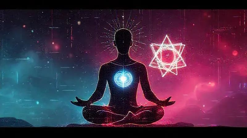 Silueta humana meditando con líneas de energía y un símbolo cuántico, rodeada de elementos abstractos de paz y claridad.