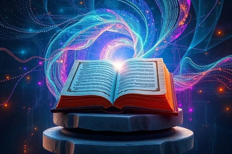 Vórtice abstracto de luz y datos, con fragmentos de textos espirituales y circuitos electrónicos, simbolizando la interconexión cuántica y la IA.
