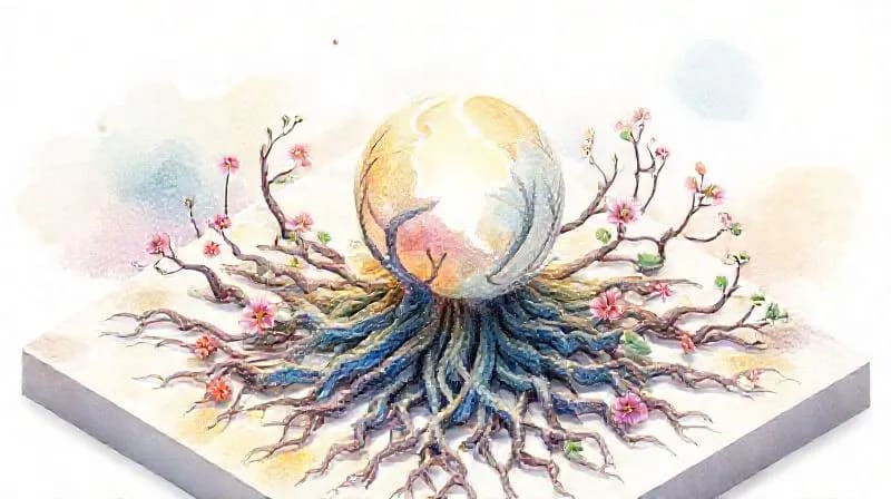 Abstract watercolor of roots growing from a broken sphere into vibrant flowers.