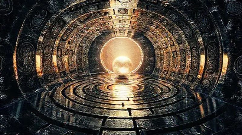 Intricate 3D rendered labyrinth with a glowing orb at its center, cosmic reflections.