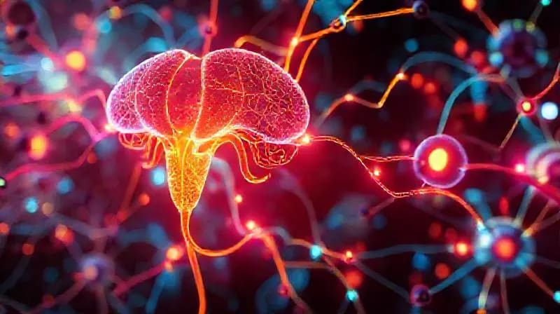 Representación artística de la interconexión de glándulas endocrinas y mecanismos de reparación celular