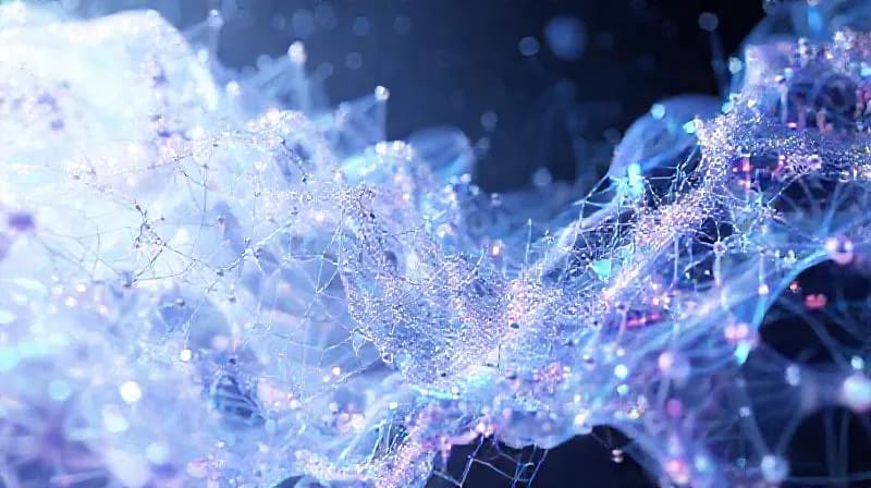 Render 3D abstracto de flujos de datos genómicos y vías de longevidad celular