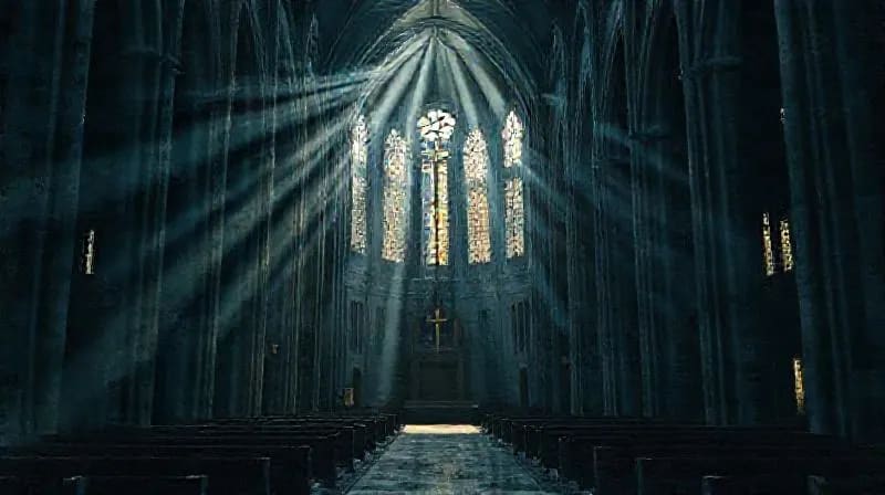 Arte abstracto de mapas urbanos y símbolos religiosos entrelazados.