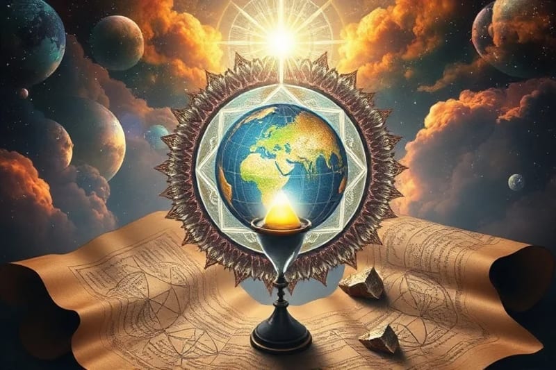 Una esfera terrestre desgastada, rodeada de pergaminos antiguos y proyecciones holográficas de datos económicos y sociales, con objetos simbólicos como un reloj de arena y un cristal.