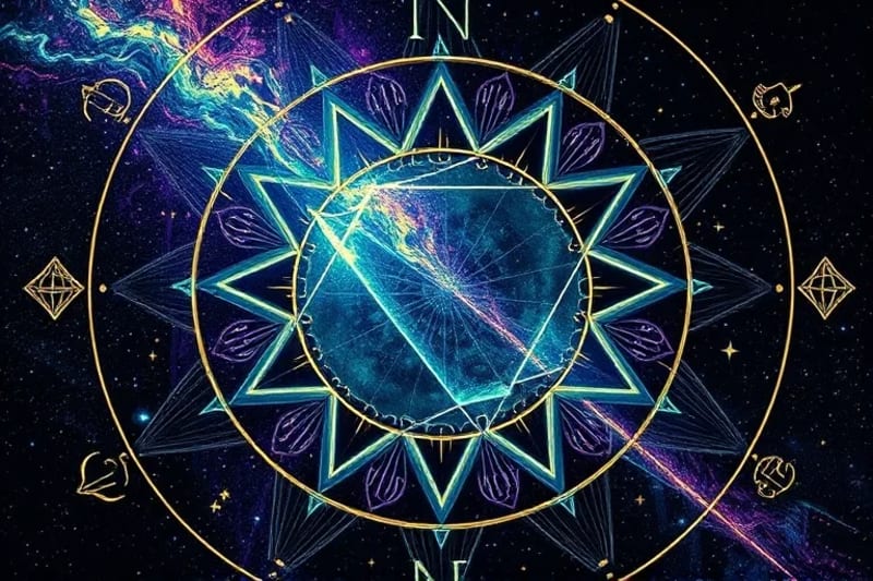Una estructura abstracta y geométrica, compuesta por formas interconectadas y flujos de energía luminosa que cambian de color, simbolizando la evolución y la interconexión de las fuerzas cósmicas.