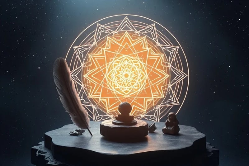 Ancient shamanic objects on a digital altar with holographic energy projections.