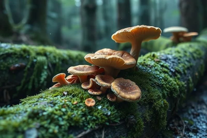 Detailed view of fungi decomposing a log with visible hyphae