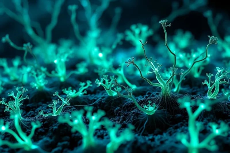 Abstract render of a subterranean mycelial network connecting roots