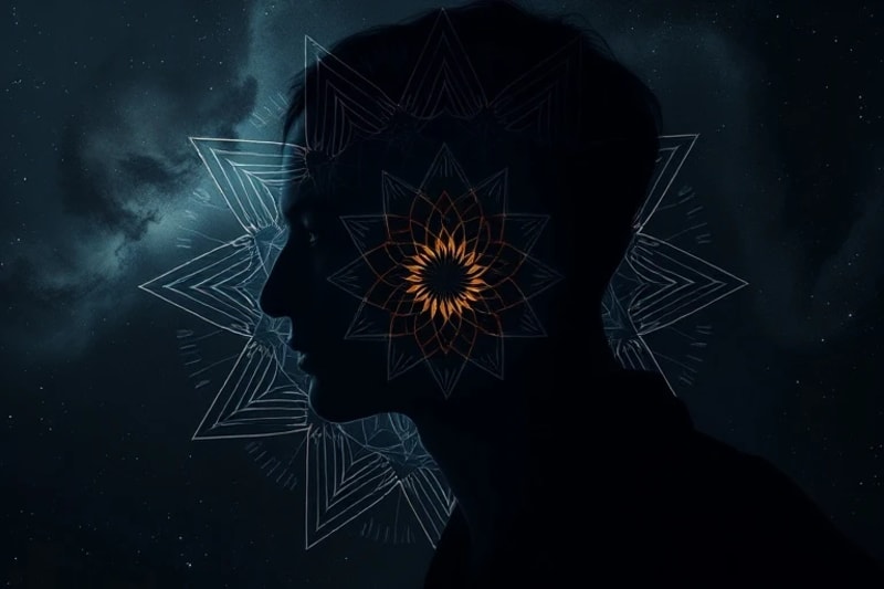 Abstract digital painting of a swirling vortex of dark, muted colors within a human silhouette, hinting at repressed aspects and potential for light.