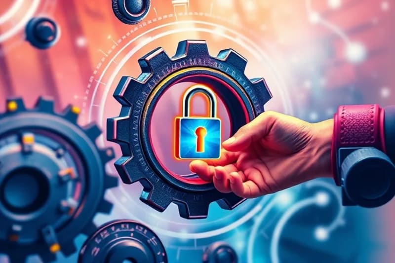 Render 3D de engranajes de blockchain interconectados, una llave digital brillante y manos virtuales entrelazadas, simbolizando la cooperación y las soluciones para la propiedad intelectual en el metaverso.