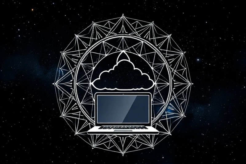 Vector art illustration of a balanced digital workspace with interconnected icons representing the Five Elements and a human silhouette.