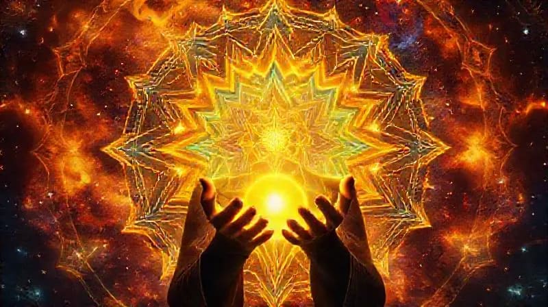 Persona con aura radiante manifestando luz dorada