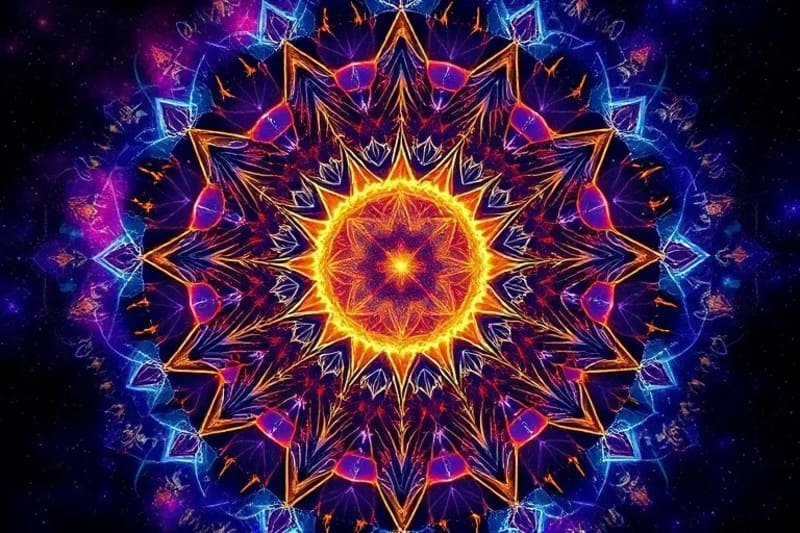 Vibrant digital painting of quantum manifestation, swirling energy, luminous sphere, light particles, interconnected networks.