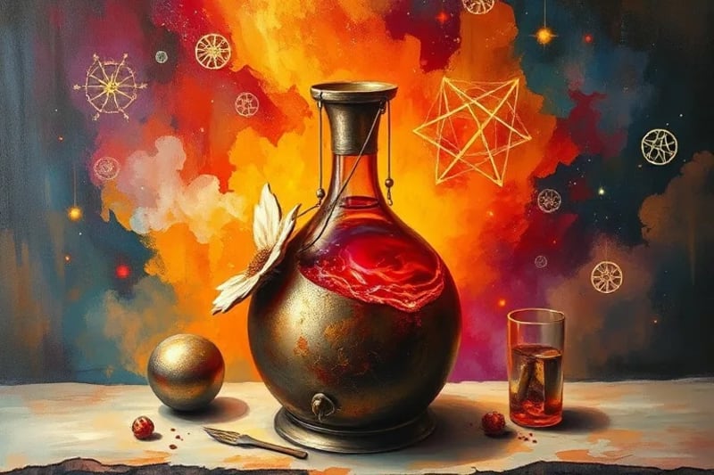 Abstract art of alchemical retort, swirling iridescent liquids, geometric symbols, cosmic background, transformation.