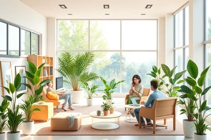 Oficina con luz natural, plantas y personas trabajando
