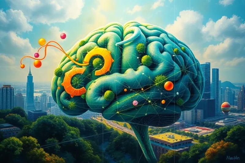 Cerebro humano fusionado con un paisaje urbano verde