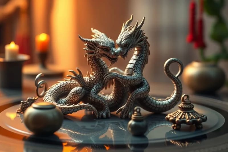 Stylized dragon figurine intertwined with a monkey charm, symbolizing compatible Chinese zodiac animals, surrounded by subtle elemental symbols on a reflective surface.