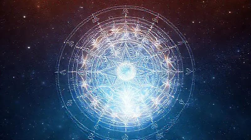 Estructura cristalina con símbolos numéricos en el espacio cósmico