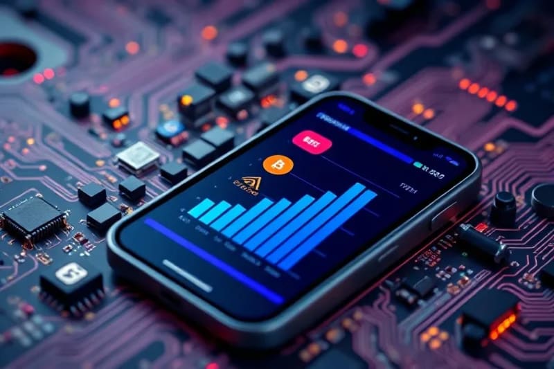 Stylized vector art of a smartphone displaying a digital wallet with cryptocurrency logos and a rising bar chart, symbolizing secure digital asset management.