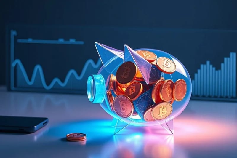 3D render of a futuristic transparent piggy bank filled with glowing digital coins, with a holographic retirement timeline in the background, symbolizing long-term crypto savings.