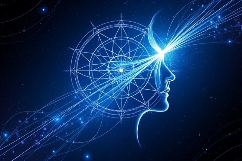 Stylized human head with glowing lines representing clairvoyance and enhanced perception
