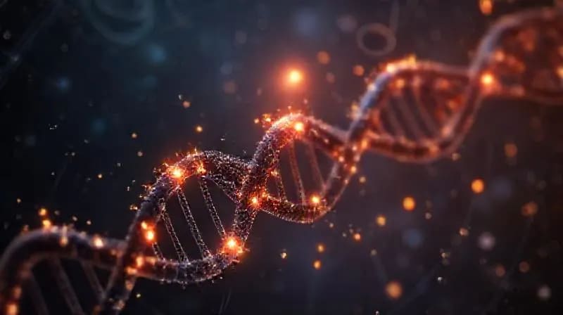 Representación digital de una hebra de ADN con pequeños marcadores epigenéticos brillantes, rodeada por sutiles símbolos astrológicos y órbitas planetarias.