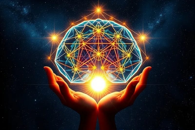 Intricate neural network glowing within a stylized brain, with hands cupped around it, symbolizing inner wisdom