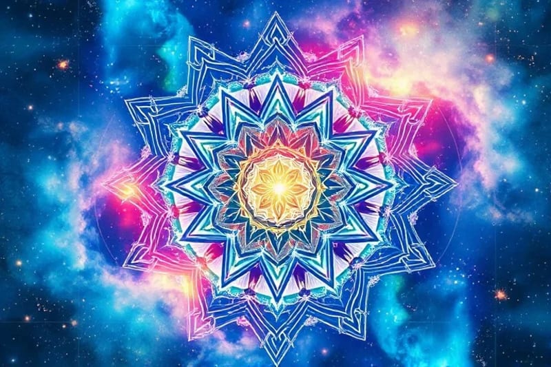 Pintura abstracta en acuarela que representa la fusión de patrones cósmicos con redes neuronales y formas que evocan la conciencia, en una paleta de azules, verdes y rosas.
