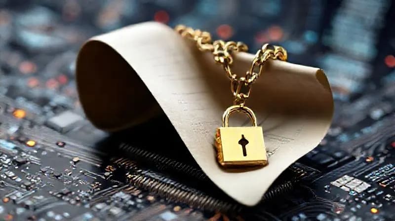 A 3D render of a complex, stylized legal document or contract, partially unfurled, with intricate digital locks and chains symbolizing intellectual property, copyright, and platform terms of service. The background features blurred digital code.