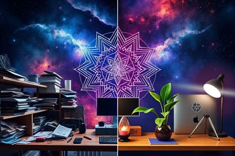Comparación visual de un escritorio desordenado y uno organizado, mostrando el flujo de energía