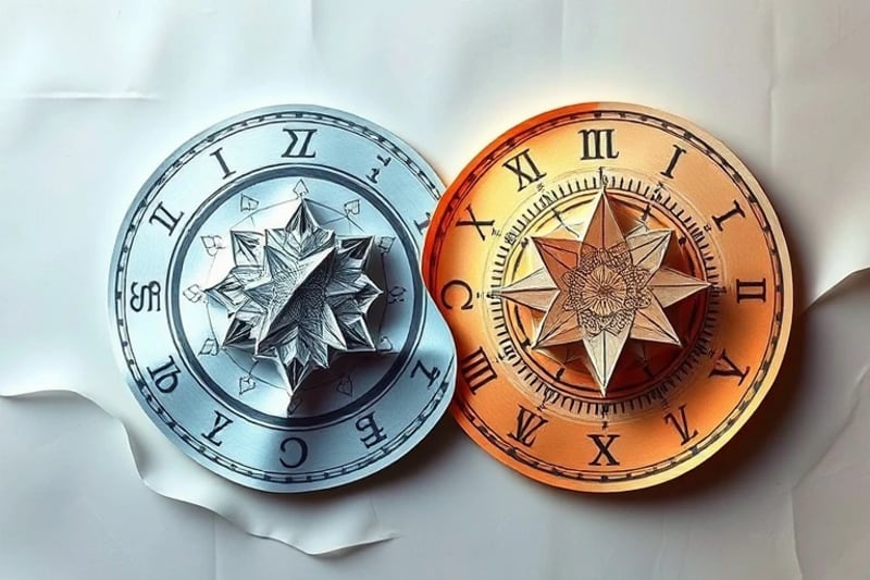 Abstract digital painting of two intertwined astrological charts with contrasting colors and connecting lines, symbolizing relationship dynamics.