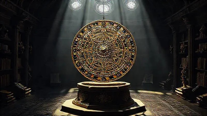 Stylized ancient astrolabe with planetary glyphs and zodiacal signs, casting shadows in a scholarly chamber.