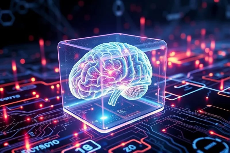 Futuristic data vault protecting ethereal brain structures