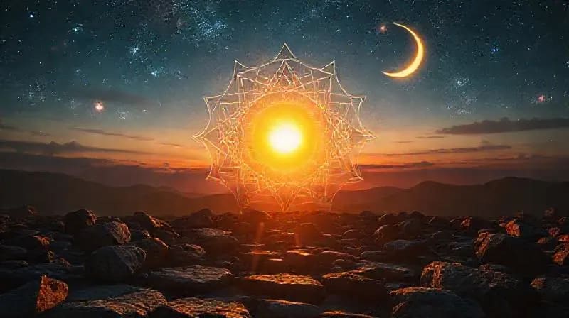 Paisaje místico con sol y luna equilibrados, simbolizando la armonía interior