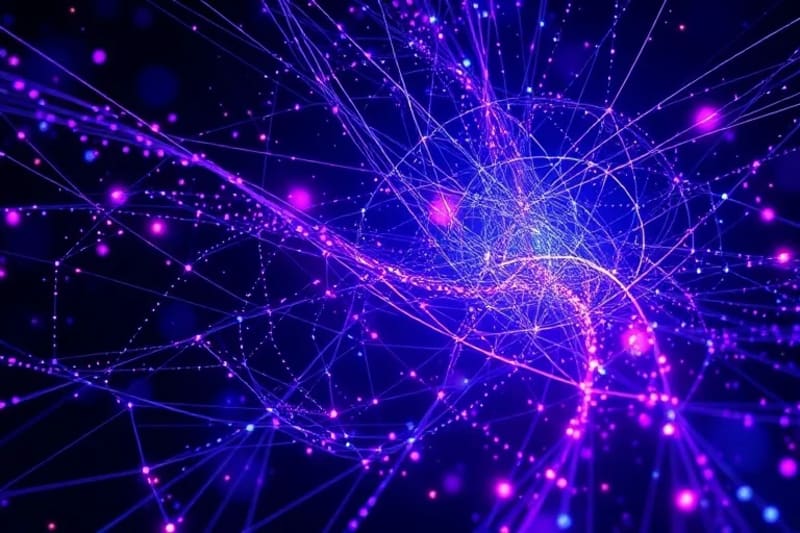 Abstract visualization of dark matter distribution in the cosmic web, with glowing nodes representing galaxy clusters and faint filaments connecting them, against a deep space background.