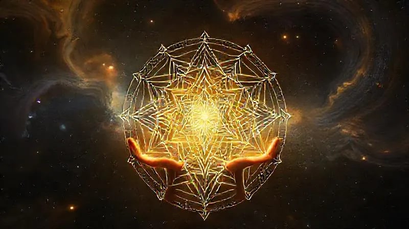 Digital painting of sound waves transforming into geometric patterns, symbolizing mantras and manifestation
