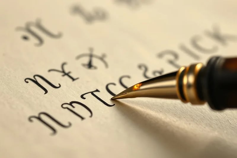 Macro photography of an antique quill writing glowing symbolic script on parchment with astrological glyphs