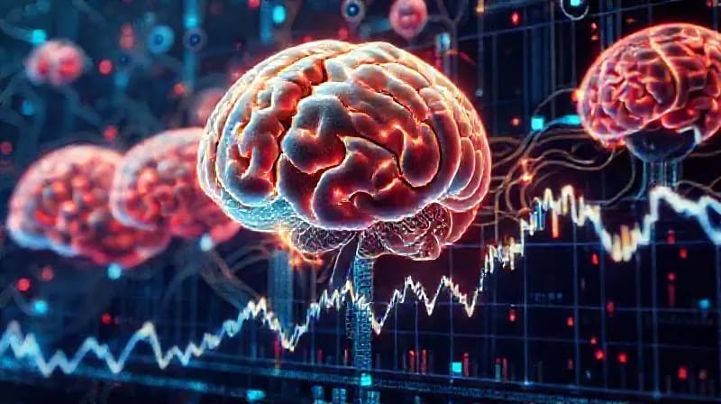Red de cerebros humanos conectados sobre un gráfico de mercado, simbolizando la psicología colectiva del inversor