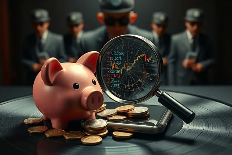Hucha rota y monedas derramadas, con un smartphone mostrando un mercado en caída, simbolizando pánico financiero