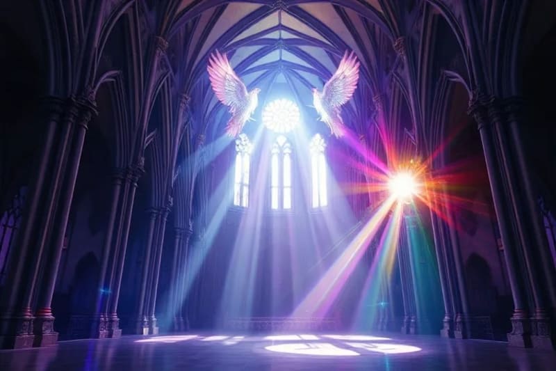 Representación digital de geometría sagrada, con patrones fractales y mandalas interconectados que irradian luz, simbolizando el orden y la estructura divina en la creación.