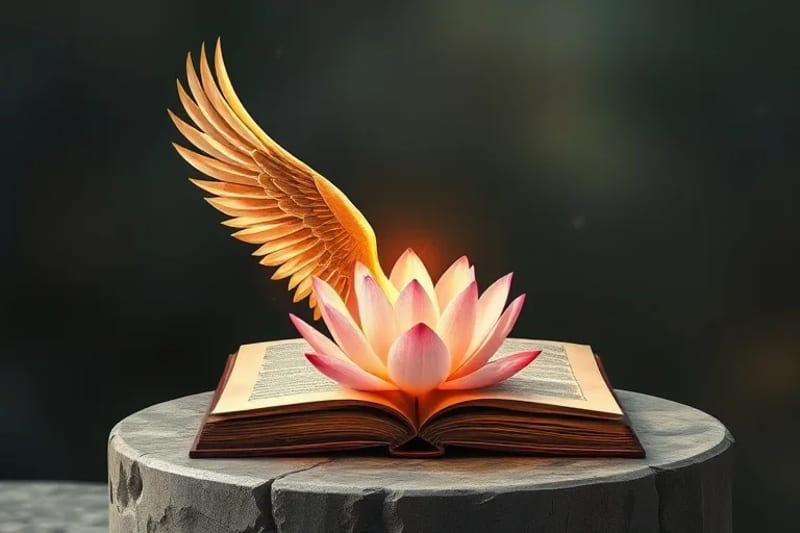 Ilustración acuarela de una ala de serafín etérea tocando suavemente una flor de loto, rodeada de luz y colores celestiales, simbolizando la conexión espiritual y la paz.