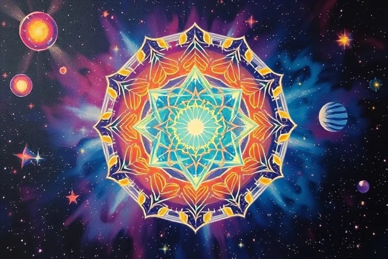3D render of a stylized, glowing geometric mandala with interconnected, harmonious shapes, floating in a cosmic, starry void, vibrant yet soothing colors, central light source