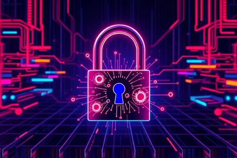 Abstract vector art of quantum qubits breaking a traditional padlock